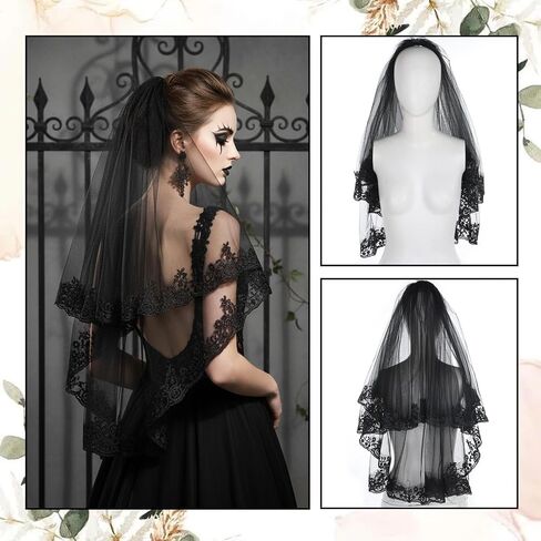 2Tiers Black Lace Wedding Veil, Short Veils with Comb, Ankle Lace Gloves for Women Brides in Saudi Arabia