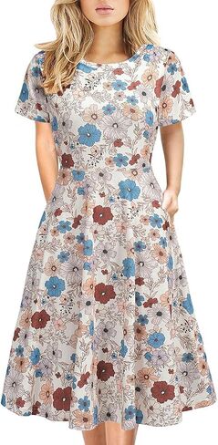 Women's Summer Dresses Elegant Floral Print Vintage Office Professional Business Casual Work A-Line Dress with Pockets DJ162 in Kuwait
