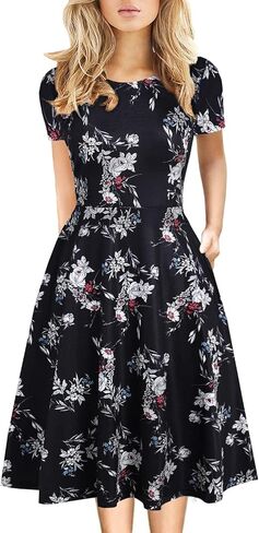 Women's Summer Dresses Elegant Floral Print Vintage Office Professional Business Casual Work A-Line Dress with Pockets DJ162 in Kuwait