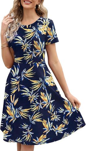 Women's Summer Dresses Elegant Floral Print Vintage Office Professional Business Casual Work A-Line Dress with Pockets DJ162 in Kuwait