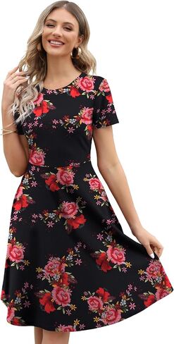 Women's Summer Dresses Elegant Floral Print Vintage Office Professional Business Casual Work A-Line Dress with Pockets DJ162 in Kuwait