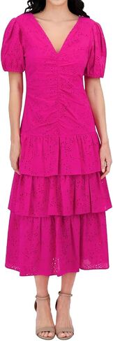 Kensie Women's Short Ballon Sleeve Embriodered Cotton Drop Waist Midi Dress with Tiered Skirt in Kuwait