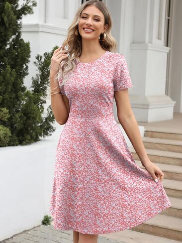Women's Summer Dresses Elegant Floral Print Vintage Office Professional Business Casual Work A-Line Dress with Pockets DJ162 in Kuwait