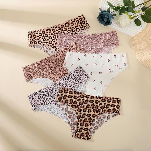Womens Seamless Underwear,5 Pack Sexy Leopard & Cherry Print No Show Bikini Panties Low Rise Hipster Ladies Undies in Kuwait