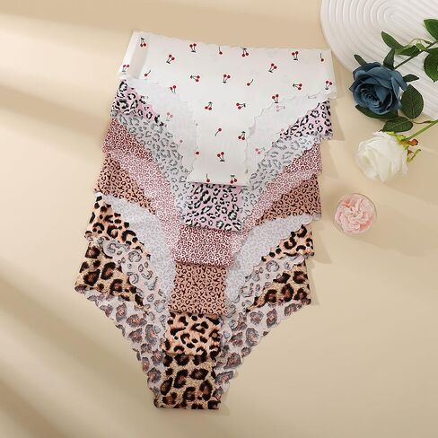 Womens Seamless Underwear,5 Pack Sexy Leopard & Cherry Print No Show Bikini Panties Low Rise Hipster Ladies Undies in Kuwait