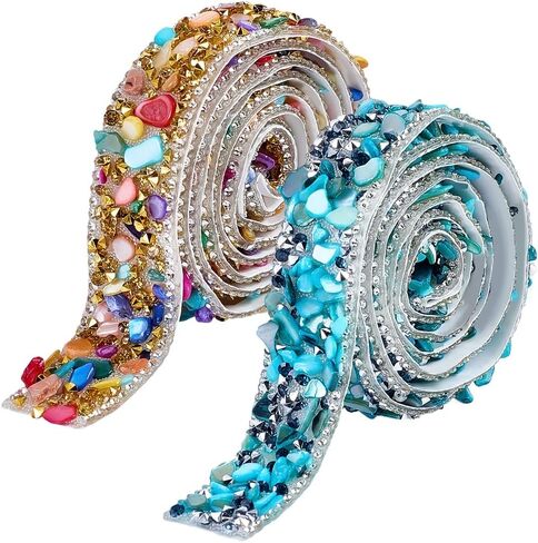 2 Styles 36 Inch Colorful Self Adhesive Resin Rhinestone Tape Crystals Beaded Trim Bling Appliques Ribbons with Adhesive Back for Clothes Costume Home Decoration Gift Wrapping DIY Craft in Kuwait