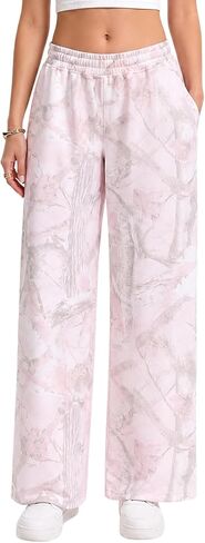 Women's Wide-Leg Loose-Fitting Sweatpants, Camouflage Straight-Leg Casual Pants with Elastic Waistband and Pockets. in Kuwait
