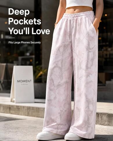 Women's Wide-Leg Loose-Fitting Sweatpants, Camouflage Straight-Leg Casual Pants with Elastic Waistband and Pockets. in Kuwait
