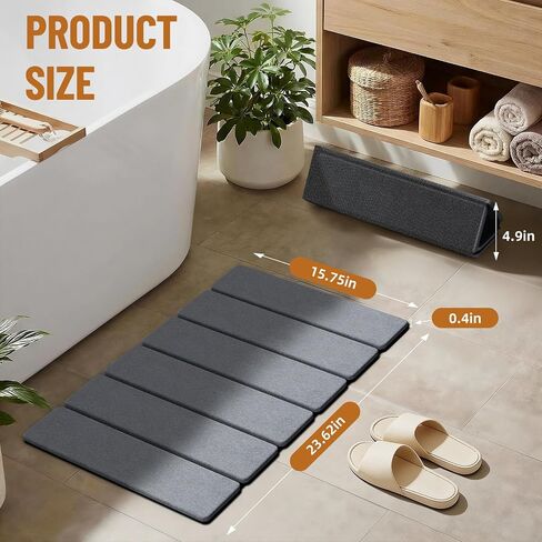 Luxspire Stone Bath Mat Foldable, Quick Drying Diatomaceous Earth Bath Mat for Bathroom, Large Bathroom Rug with Non-Slip Rubber Base, Easy Clean Accessories Outside Shower, 24 x 16 in, Dark Gray in Kuwait