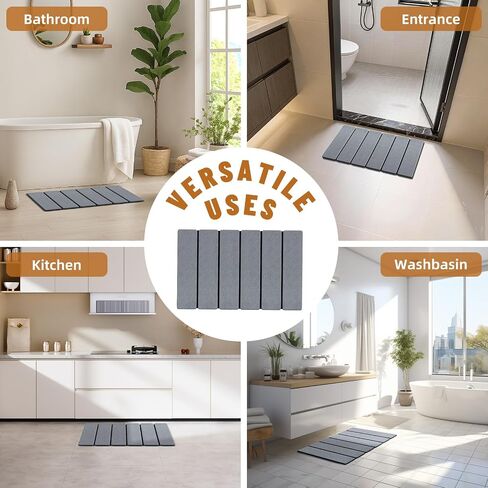 Luxspire Stone Bath Mat Foldable, Quick Drying Diatomaceous Earth Bath Mat for Bathroom, Large Bathroom Rug with Non-Slip Rubber Base, Easy Clean Accessories Outside Shower, 24 x 16 in, Dark Gray in Kuwait