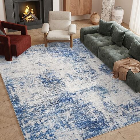 Modern Abstract Area Rug 8x10 Washable, Blue Gray Non-Slip Low Pile Carpet for Living Room Bedroom Dining Room, Thin Foldable Stain Resistant Large Indoor Floor Rug for Home Office Decor in Kuwait