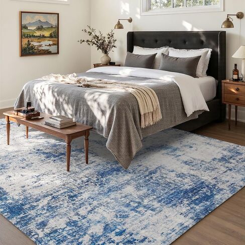 Modern Abstract Area Rug 8x10 Washable, Blue Gray Non-Slip Low Pile Carpet for Living Room Bedroom Dining Room, Thin Foldable Stain Resistant Large Indoor Floor Rug for Home Office Decor in Kuwait