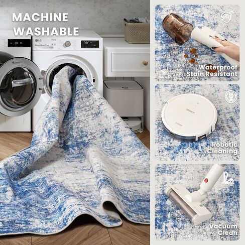 Modern Abstract Area Rug 8x10 Washable, Blue Gray Non-Slip Low Pile Carpet for Living Room Bedroom Dining Room, Thin Foldable Stain Resistant Large Indoor Floor Rug for Home Office Decor in Kuwait