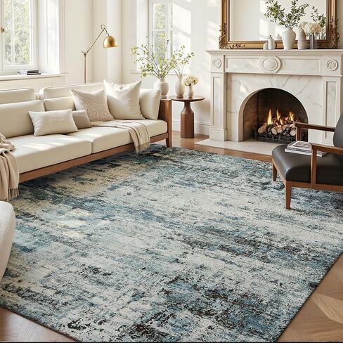 Modern Abstract Area Rug 8x10 Washable, Blue Gray Non-Slip Low Pile Carpet for Living Room Bedroom Dining Room, Thin Foldable Stain Resistant Large Indoor Floor Rug for Home Office Decor in Kuwait