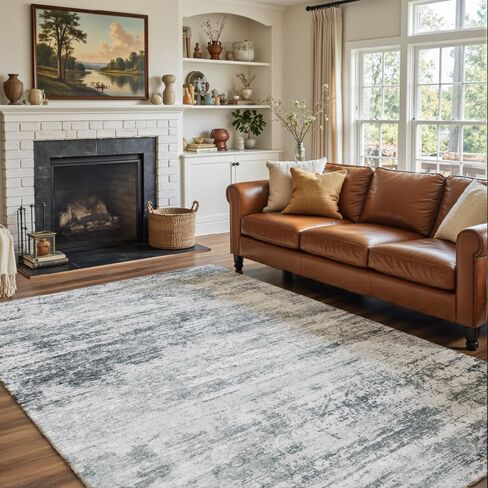 Modern Abstract Area Rug 8x10 Washable, Blue Gray Non-Slip Low Pile Carpet for Living Room Bedroom Dining Room, Thin Foldable Stain Resistant Large Indoor Floor Rug for Home Office Decor in Kuwait