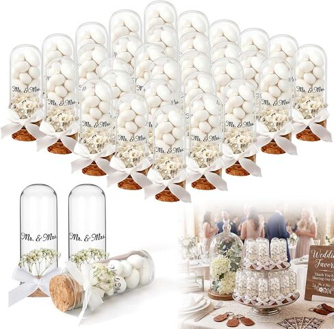 25 Sets Wedding Candy Glass Cover with Cork Stopper Decorative Glass Bottles and Dried Flower and Bow Decoration for Wedding Party Decor Hold Candies DIY Crafts (White) in Kuwait