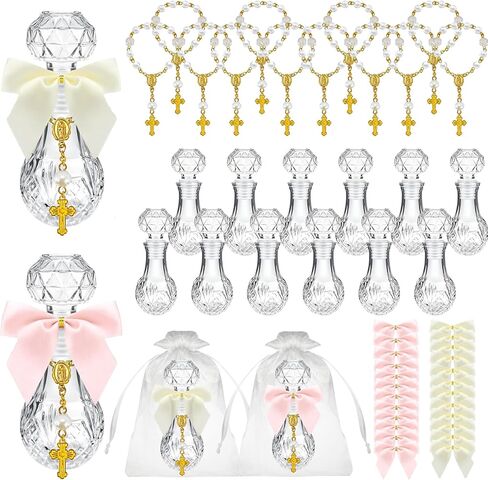 12 Set Holy Water Bottle Baptism Favors for Guests Recuerdos De Bautizo for Communion Christian Catholic Holy Bottle with Rosary Bow for Gifts Church Baptism Decor (A Color) in Kuwait