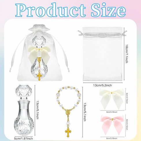 12 Set Holy Water Bottle Baptism Favors for Guests Recuerdos De Bautizo for Communion Christian Catholic Holy Bottle with Rosary Bow for Gifts Church Baptism Decor (A Color) in Kuwait