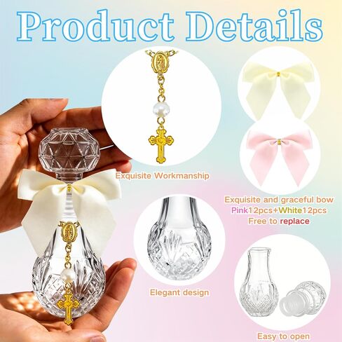 12 Set Holy Water Bottle Baptism Favors for Guests Recuerdos De Bautizo for Communion Christian Catholic Holy Bottle with Rosary Bow for Gifts Church Baptism Decor (A Color) in Kuwait