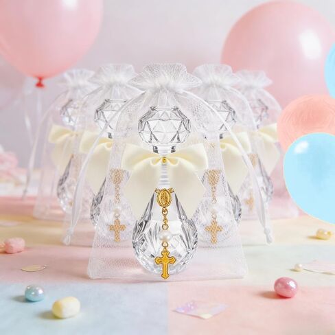 12 Set Holy Water Bottle Baptism Favors for Guests Recuerdos De Bautizo for Communion Christian Catholic Holy Bottle with Rosary Bow for Gifts Church Baptism Decor (A Color) in Kuwait