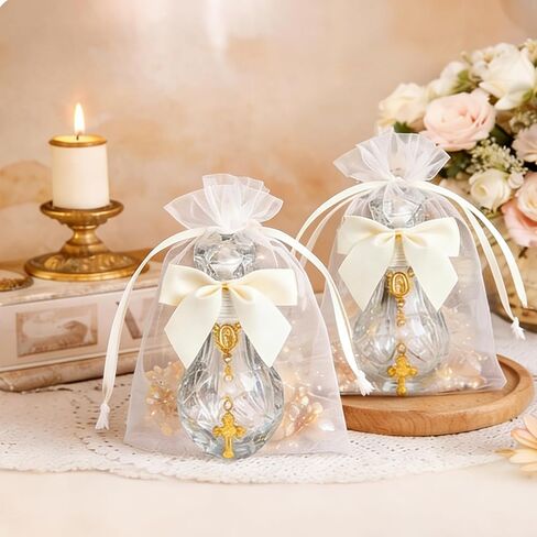 12 Set Holy Water Bottle Baptism Favors for Guests Recuerdos De Bautizo for Communion Christian Catholic Holy Bottle with Rosary Bow for Gifts Church Baptism Decor (A Color) in Kuwait