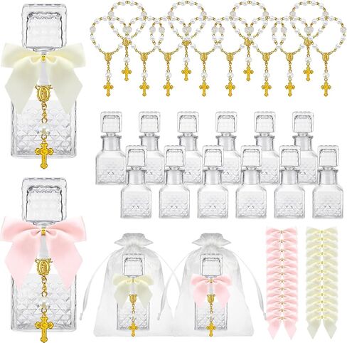 12 Set Holy Water Bottle Baptism Favors for Guests Recuerdos De Bautizo for Communion Christian Catholic Holy Bottle with Rosary Bow for Gifts Church Baptism Decor (A Color) in Saudi Arabia