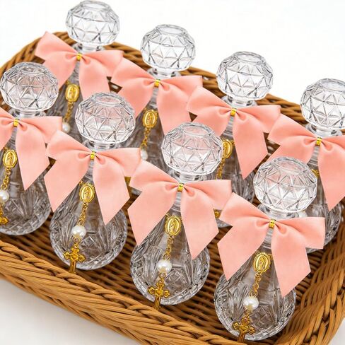 12 Set Holy Water Bottle Baptism Favors for Guests Recuerdos De Bautizo for Communion Christian Catholic Holy Bottle with Rosary Bow for Gifts Church Baptism Decor (A Color) in Kuwait
