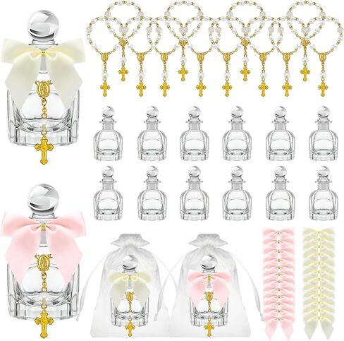 12 Set Holy Water Bottle Baptism Favors for Guests Recuerdos De Bautizo for Communion Christian Catholic Holy Bottle with Rosary Bow for Gifts Church Baptism Decor (A Color) in Kuwait