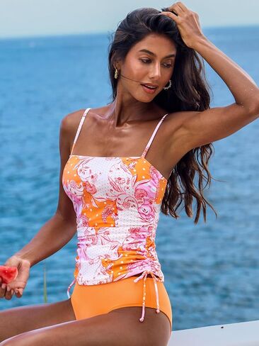 CUPSHE Two Piece Tankini Set Women Swimsuit Square Neck Mid Rise Cut Out Ruched Drawstred Bathing Suit in Kuwait