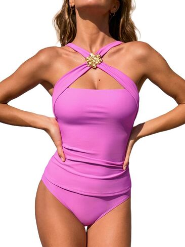 CUPSHE Women Tankini Set Two Piece Swimsuit Cross Neck Metal Decorations Mid Rise Back Hook Cut Out Bathing Suits in Kuwait