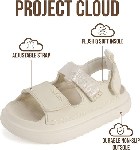 Project Cloud Sandals for Girls - Lightweight Adjustable Straps Kids Sandals - Water-Resistant Girls Slides and Non-Slip Slides for Kids (Little Goldie, OFF WHITE,2K) in Kuwait