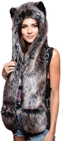 Faux Fur Animal Hood 3-in-1 Winter Warm Scarf Gloves Set with Ears and Paws for Cosplay Warm Winter Hat in Kuwait