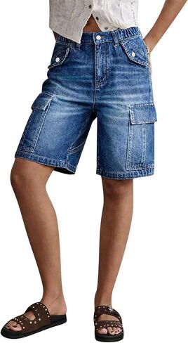 Flamingals Denim Bermuda Shorts for Women Cargo High Rise Washed Flap Pocket Elastic Casual Shorts in Kuwait