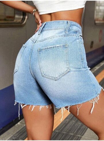 Womens Bermuda Jean Shorts Elastic Waisted Long Denim Short Knee Length Baggy Jeans Jorts in Kuwait