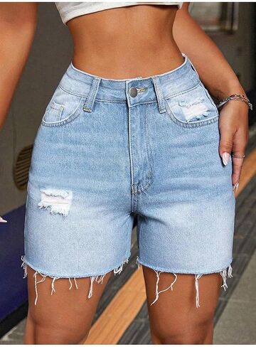 Womens Bermuda Jean Shorts Elastic Waisted Long Denim Short Knee Length Baggy Jeans Jorts in Kuwait