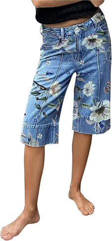 Flamingals Straight Wide Leg Capri Jeans for Women High Rise Knee Length Floral Embroidery Casual Summer Bermuda Denim Shorts in Kuwait