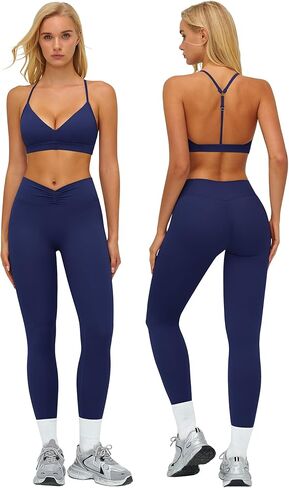 Workout Sets for Women 2 Piece Gym Sets Yoga Outfits V Neck Adjustable Bra High Waist Leggings in Saudi Arabia