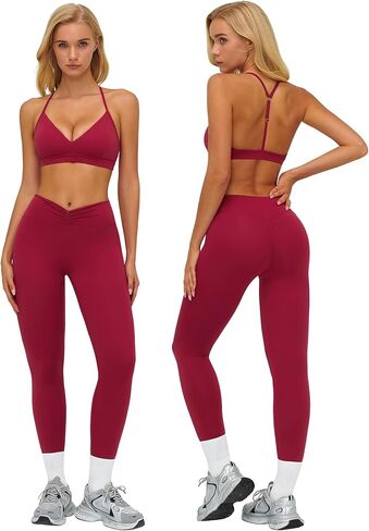 Workout Sets for Women 2 Piece Gym Sets Yoga Outfits V Neck Adjustable Bra High Waist Leggings in Saudi Arabia