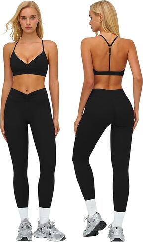 Workout Sets for Women 2 Piece Gym Sets Yoga Outfits V Neck Adjustable Bra High Waist Leggings in Saudi Arabia