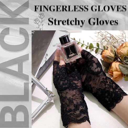 Short Lace Gloves Black Floral Lace Gloves Fingerless Bridal Wrist Gloves Half Finger Gloves for Women Opera Evening Wedding Tea Party Prom in Kuwait