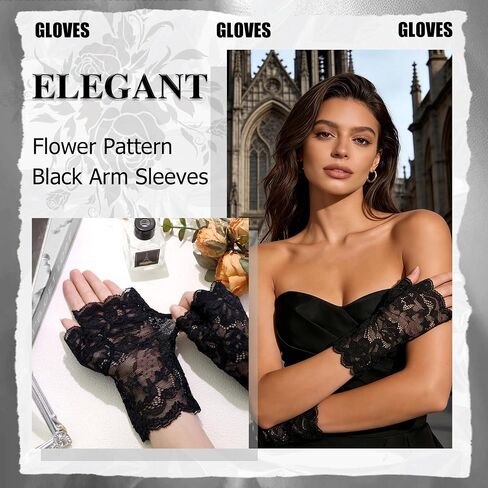 Short Lace Gloves Black Floral Lace Gloves Fingerless Bridal Wrist Gloves Half Finger Gloves for Women Opera Evening Wedding Tea Party Prom in Kuwait