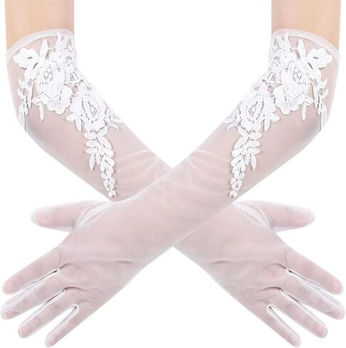 Women's Long Floral Lace Gloves Sheer Mesh Tulle Elbow Length Wedding Bridal Opera Party Dance Gloves in Saudi Arabia