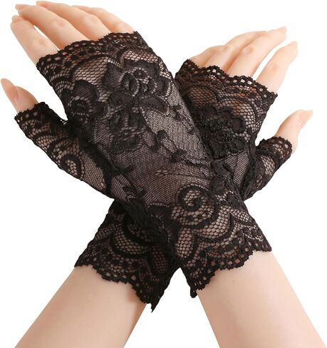 Short Lace Fingerless Gloves for Women, Floral Wrist Cuff 80s Outfit Tea Party Fashion Accessories Wedding Dress in Kuwait