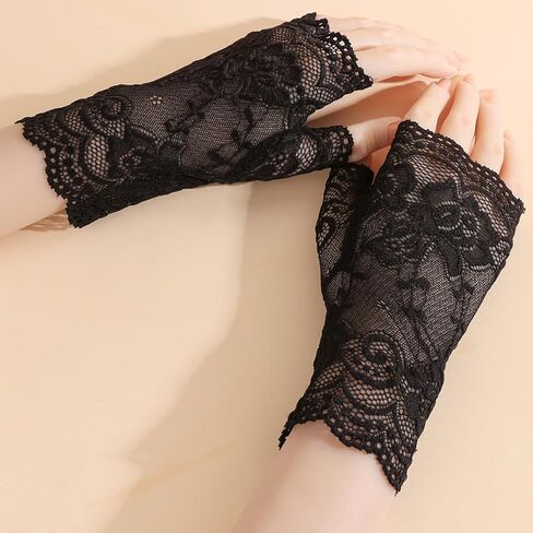 Short Lace Fingerless Gloves for Women, Floral Wrist Cuff 80s Outfit Tea Party Fashion Accessories Wedding Dress in Kuwait