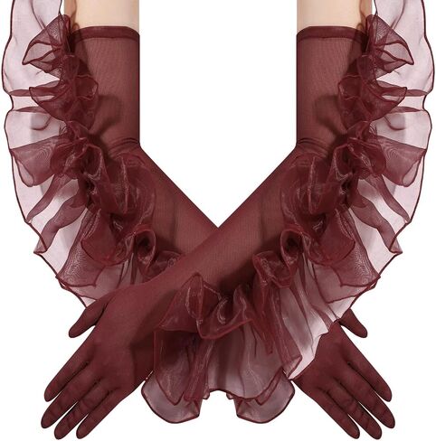 Women's Long Puffy Oversize Ruffle Sheer Gloves Tulle Mesh Gloves for Wedding Opera Party Halloween Costume in Saudi Arabia