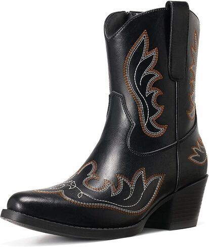 Rollda Cowboy Boots for Women, Short Cowgirl Booties with Side Zipper, Ladies Ankle Western Boots Retro Vintage Snip Toe Chunky Heel in Kuwait