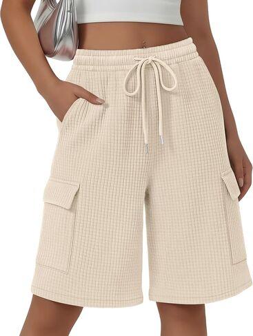 Women's Bermuda Shorts Waffle Knit Wide Leg Cargo Knee Length Shorts Elastic Waist Casual SweatShorts with Pockets in Kuwait