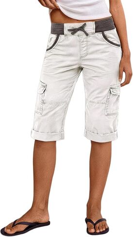 Flamingals Mid Waist Bermuda Shorts for Women Contrast Binding Stitch Detail Roll Hem Drawstring Shorts with Pockets in Kuwait
