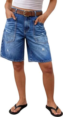 Flamingals Mid Waist Denim Bermuda Shorts for Women Mid Thigh Length Decor Front Wash Split Summer Jean Shorts Without Belt in Kuwait