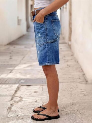 Flamingals Mid Waist Denim Bermuda Shorts for Women Mid Thigh Length Decor Front Wash Split Summer Jean Shorts Without Belt in Kuwait